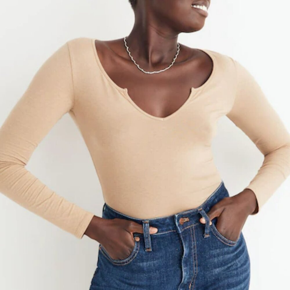 Madewell Pointelle Split Neck Long Sleeve Thong Bodysuit L